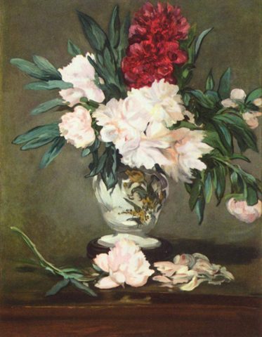 Vaso di peonie su un piedistallo
