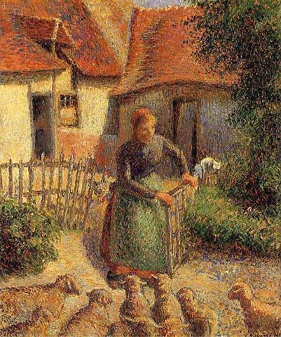 Bauerin und Schafe am Hof eines Bauernhauses