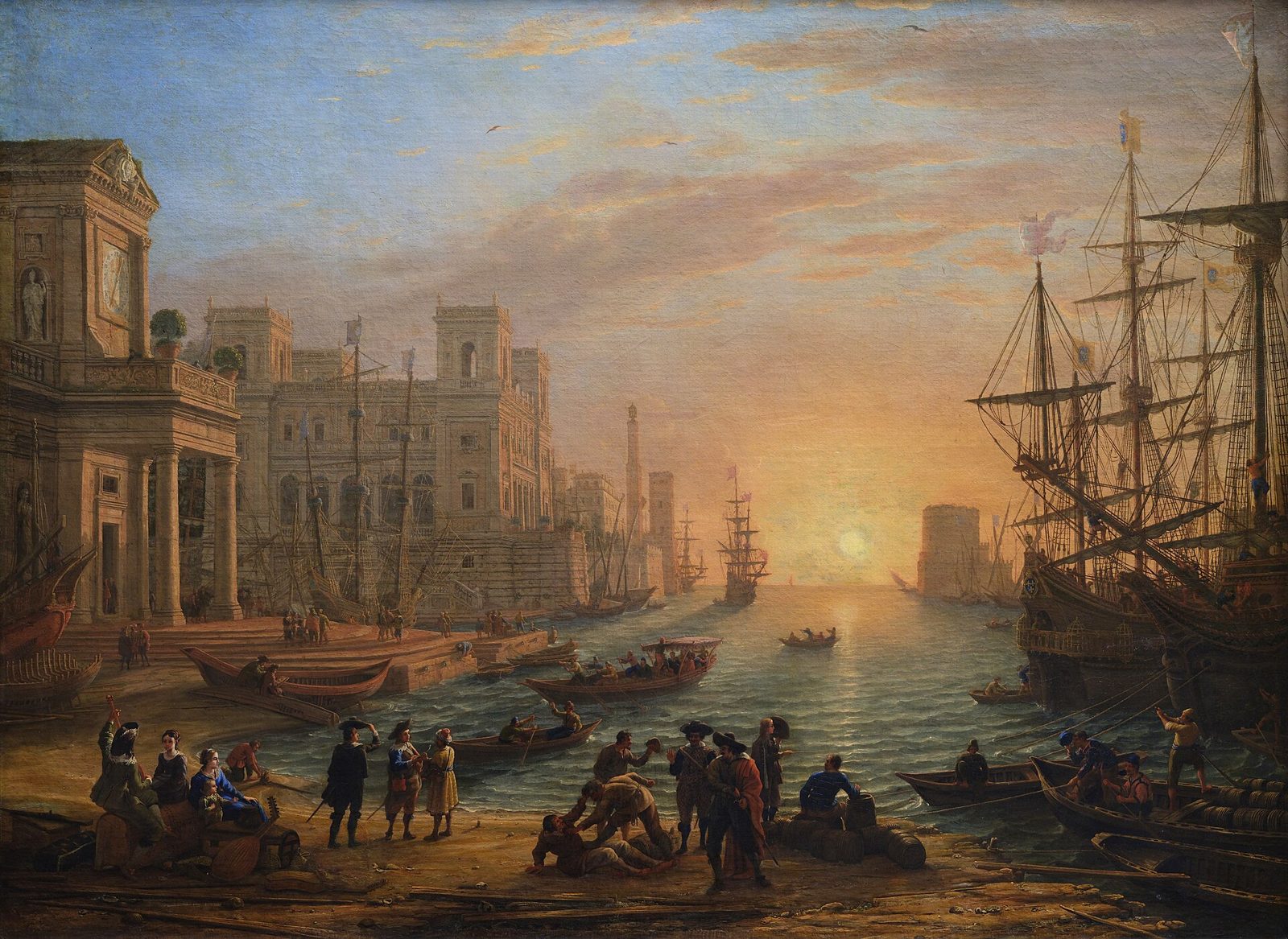 Port morski o zachodzie słońca