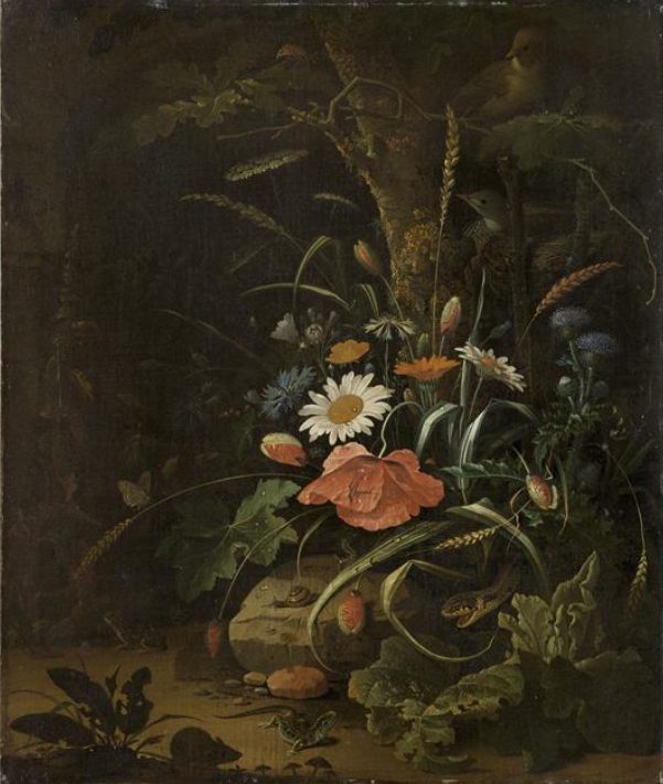 Stillleben mit Wildblumen am Fuße einer Eiche, vor einer Grotte