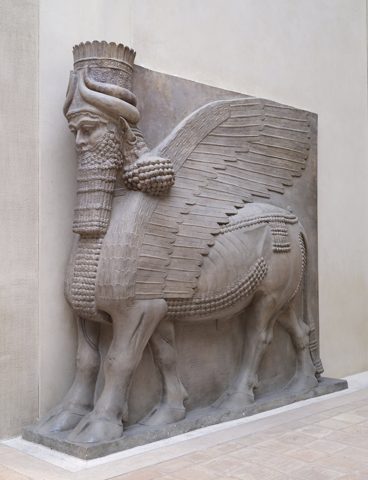 Plaster copy of an 8-century BCE winged bull with human head