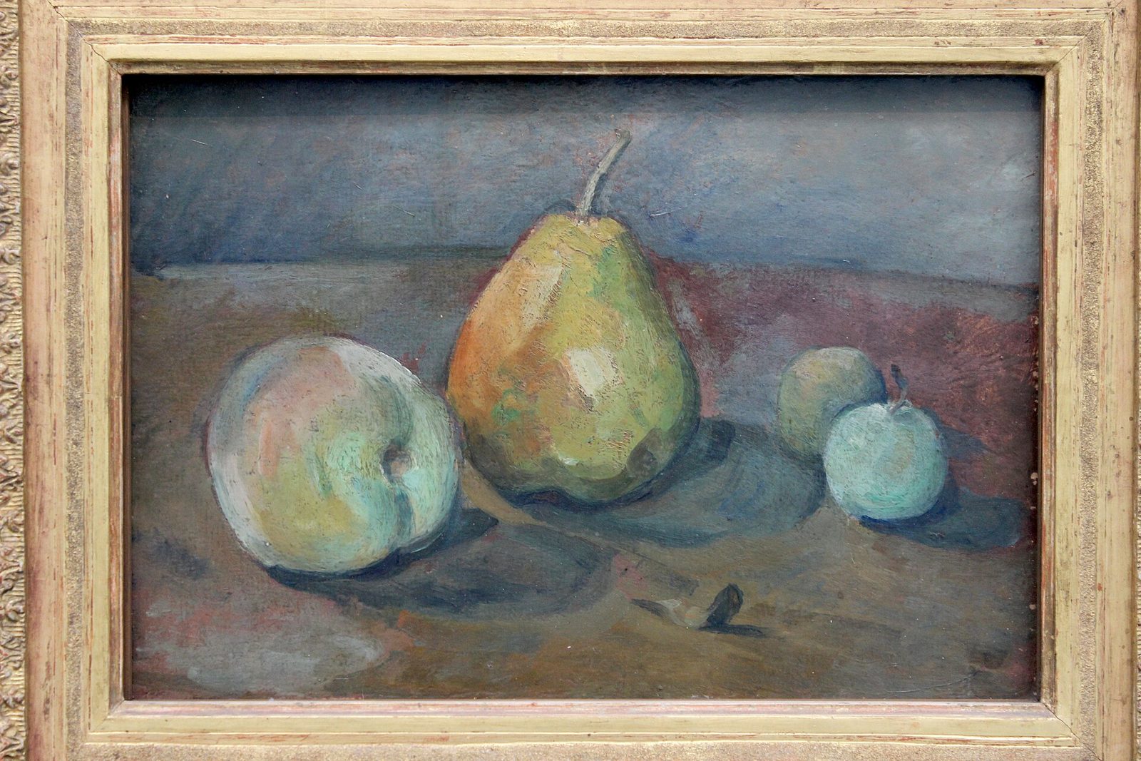 Naturaleza muerta, pera y manzanas verdes