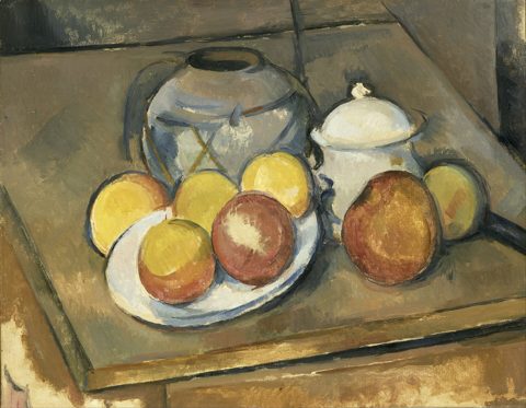 Vase paille, sucrier et pommes